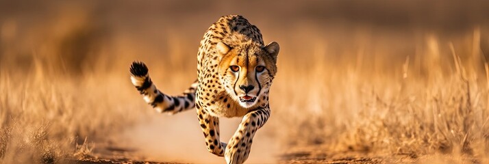 Cheetah running towards camera. Created with Generative AI tools - obrazy, fototapety, plakaty