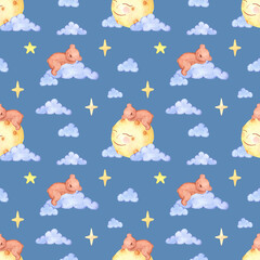 Hand drawn watercolor blue clouds with sleeping bear on smiling moon seamless pattern. Isolated on blue background. Can be used for children's textile, gift-wrapping, fabric, wallpaper.