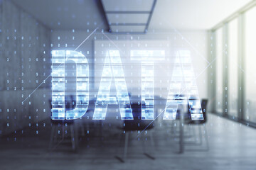 Virtual Data word sign hologram on a modern conference room background. Multiexposure