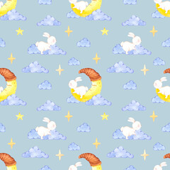 Hand drawn watercolor blue clouds with sleeping rabbit on smiling moon seamless pattern. Isolated on blue background. Can be used for children's textile, gift-wrapping, fabric, wallpaper.