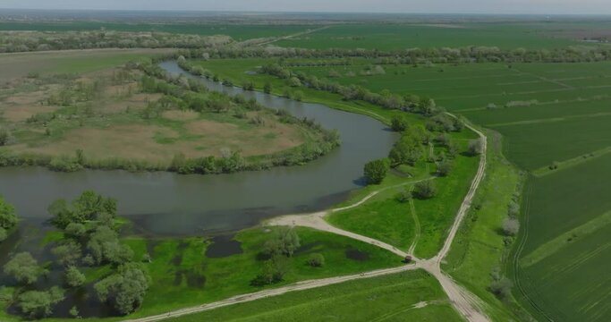aerial view of nistru dniestr river on boarder of moldova and ukraine