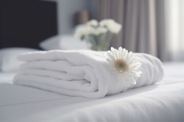 Obraz na płótnie Canvas welcome flower bath towel window modern bedchamber spa comfortable bed. Generative AI.