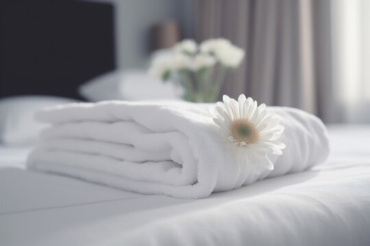welcome flower bath towel window modern bedchamber spa comfortable bed. Generative AI.