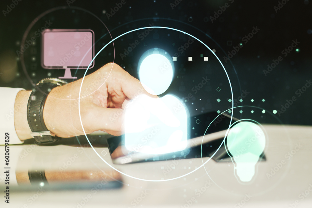 Poster Double exposure of social network icons concept and hand working with a digital tablet on background. Networking concept