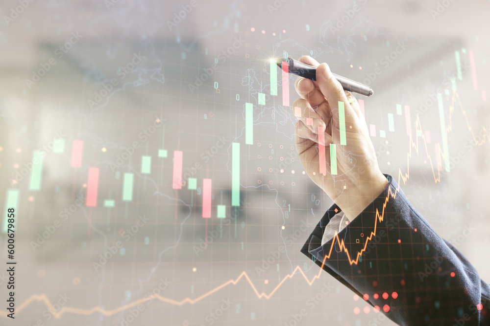 Poster multi exposure of analyst hand with pen working with virtual abstract financial graph and world map 