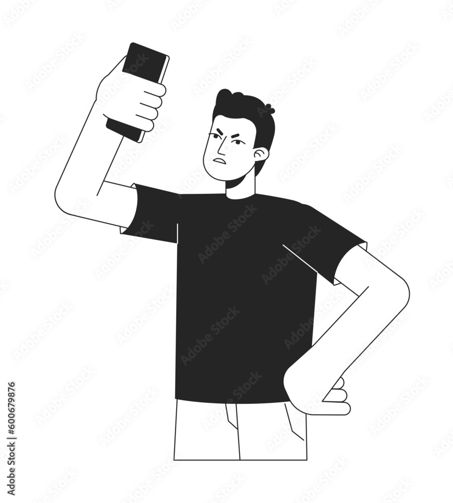 Poster annoyed man searching signal with phone bw vector spot illustration. 2d cartoon flat line monochroma