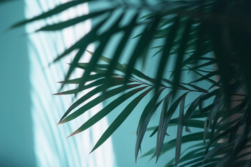 Blurred shadow from palm leaves on the light blue wall, Generative AI
