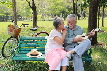 Happy smiling asian senior man and woman sitting on bench playing ukulele and singing a song in...