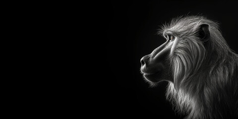 Naklejka premium Black and white photorealistic studio portrait of a Baboon on black background. Generative AI illustration