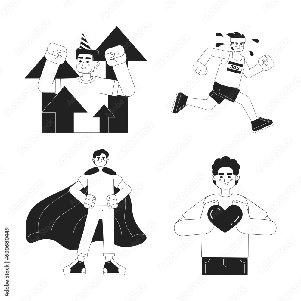 Poster personal development monochrome concept vector spot illustration set. building self growth 2d flat b
