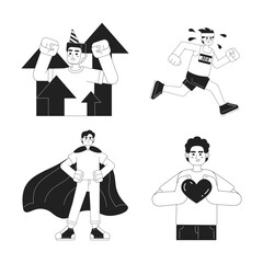 Personal development monochrome concept vector spot illustration set. Building self growth 2D flat bw cartoon characters for web UI design. Self improvement isolated editable handdrawn hero image pack