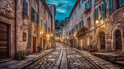 Fototapeta na wymiar Charming European village with cobblestone alley. Generative AI