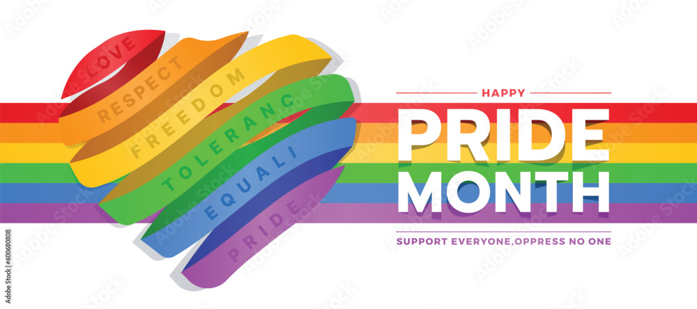 Poster happy pride month text and colorful rainbow ribbon rolling heart shape on rainbow pride tab with vec