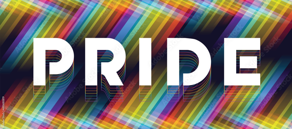 Poster pride text on abstract rainbow stripe cross line light shape on dark background vector design