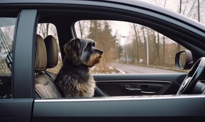 Dog enjoying from traveling by car. Nova Scotia Duck Tolling Retriever looking through window on road. created with Generative AI technology