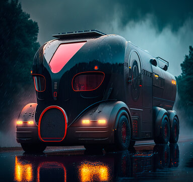 Futuristic trailer bus for vacations. Innovative truck for travels and camping on the rainy road. Generative AI.