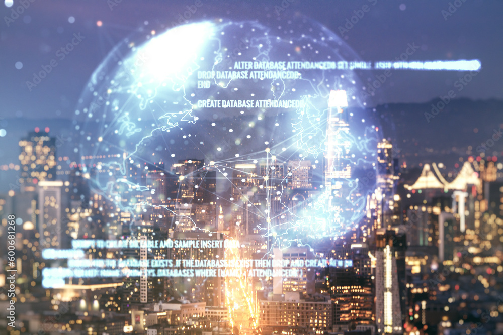Poster multi exposure of abstract creative coding sketch and world map on san francisco city skyline backgr