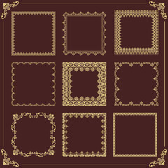 Vintage set of vector patterns. Brown and golden square elements for decoration and design frames, cards, menus, backgrounds and monograms. Classic patterns.