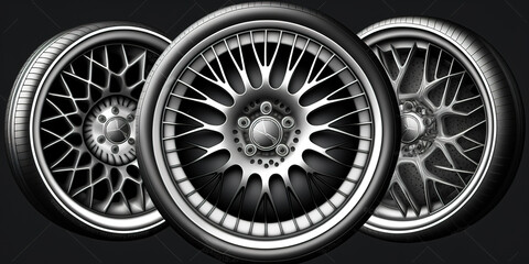 Three new wheels from cars. Automobile tires isolated on the black backdrop. Generative AI.