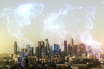 Fototapeta na wymiar Double exposure of abstract digital world map hologram on Los Angeles office buildings background, big data and blockchain concept