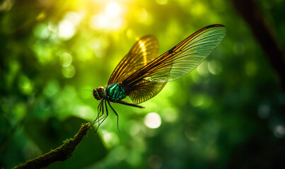 Tender green dragon fly sitting on the tree branch. Beautiful insect in the ray of sun at blurred backdrop. Close up. Generative AI.