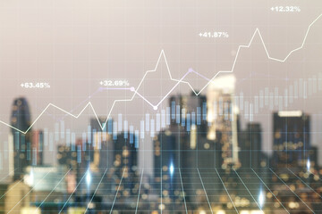 Double exposure of abstract creative financial chart hologram on blurry cityscape background, research and strategy concept