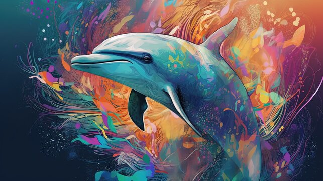 euphoria dreamy aura atmosphere, collage illustration style of cute dolphin swimming among, colorful cloud, generative ai