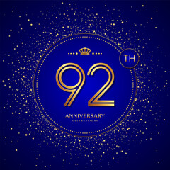 92th anniversary logo with gold numbers and glitter isolated on a blue background