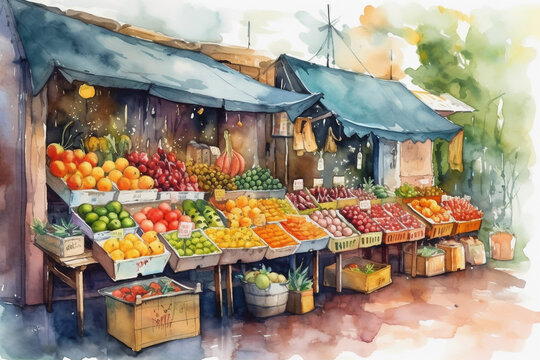 Bright colorful street stall with fruits and vegetables watercolor illustration, Generative AI