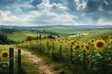 Fototapeta na wymiar A Captivating Summer Landscape Immersed in the Vibrant Beauty of Sunflowers