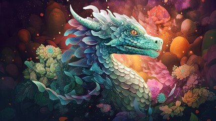 Fototapeta na wymiar euphoria dreamy aura atmosphere, collage illustration style of a colorful dragon in dreamy fairytale atmosphere, Generative Ai