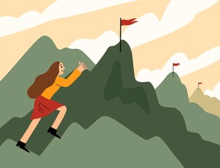 Conquering top. Cartoon woman climbs to mountain top, overcoming obstacles, career success, hard work and promotion, vector illustration