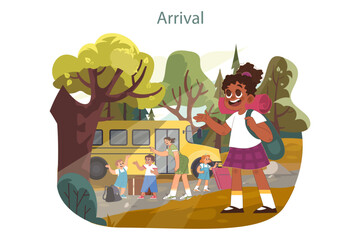 Arrival at summer camp. New adventure, happy girl with a backpack