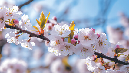 Kirschbaumblüte auf Ast als Nahaufnahme an einem sonnigen Tag - Generative KI