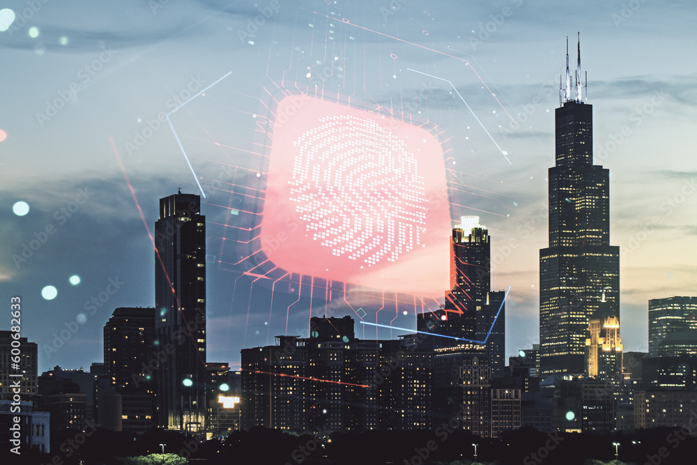 Aufkleber multi exposure of virtual fingerprint scan interface on chicago office buildings background, digital