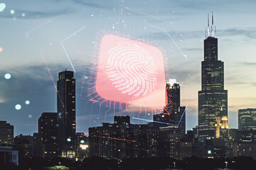 Multi exposure of virtual fingerprint scan interface on Chicago office buildings background, digital access concept