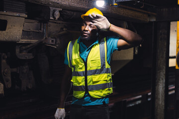 Tired exhausted worker hard work, Locomotive engineer mechanic staff feel fatigue work in train repair shop service station dirty hot workplace machine factory.