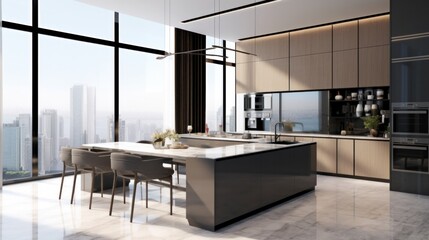 This high-end kitchen is a feast for the eyes, with polished marble floors, sleek black granite countertops, and elegant lighting fixtures that create a warm and inviting atmosphere. AI-Generated