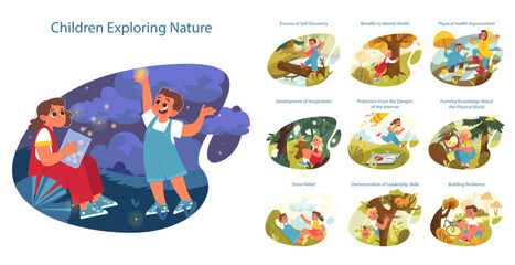 Happy children exploring nature on summer holidays. Kids with family