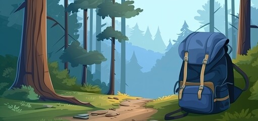 Backpack, thermos and travel mug in forest. Hiking equipment on footpath in woodland. Panoramic view created with Generative AI technology