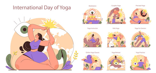 International yoga day set. Diverse people in a sportswear doing yoga