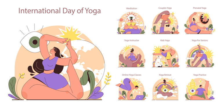 International yoga day set. Diverse people in a sportswear doing yoga - Powered by Adobe