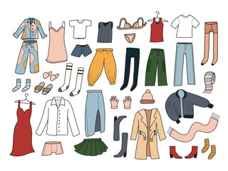 Big hand drawn set with casual clothes in line doodle style, isolated vector illustration