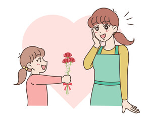お母さんにカーネーションを渡す女の子のイラスト
