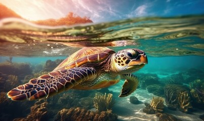 Obraz premium Bueautiful sea turtle underwater crystal blue ocean. Generative AI