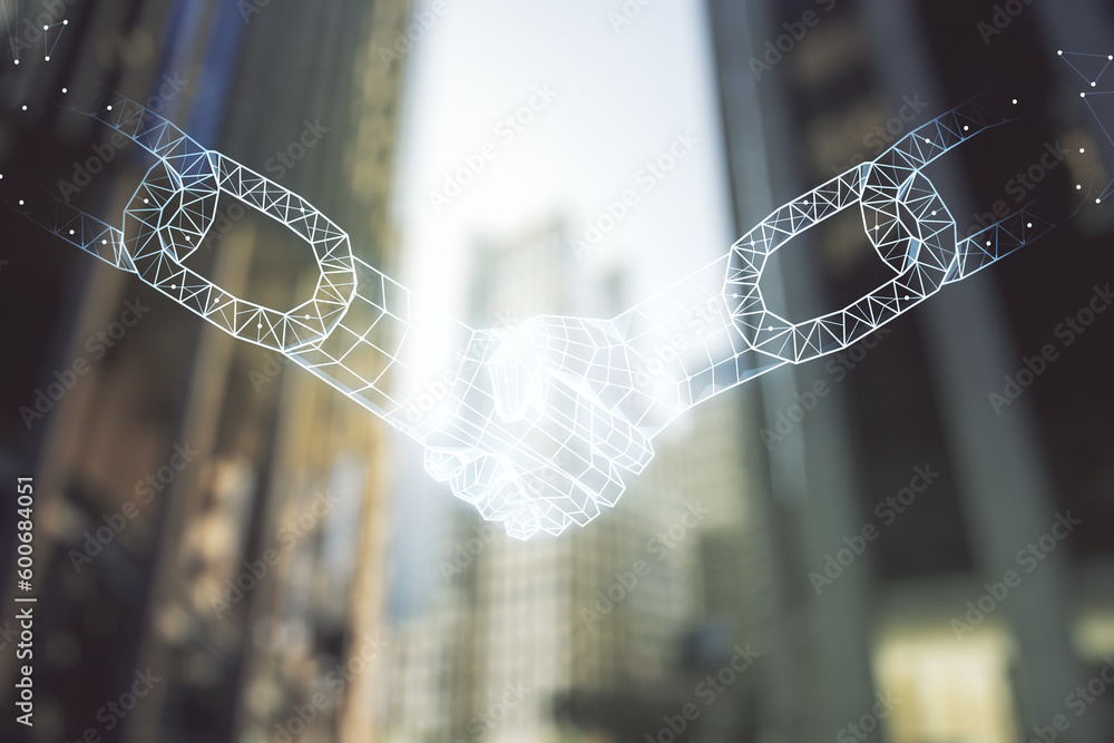 Poster abstract virtual blockchain technology hologram with handshake on office buildings background. digit