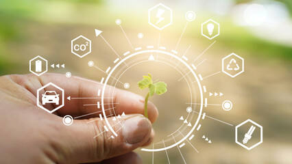 Icon concept circulating in hands for environment, society and governance. Networked connections on green background.