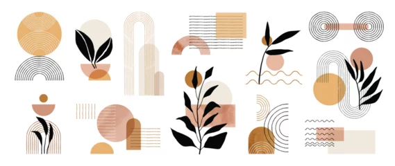 Fototapeten Hand drawn abstract minimal element mid century vector set. Aesthetic contemporary stripe line art, watercolor geometric shapes in earth tone. Art form design for wall art, decoration, wallpaper. © TWINS DESIGN STUDIO