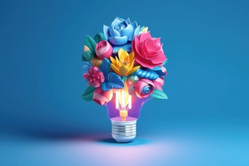 Eco friendly lightbulb with flowers blue background, Renewable and sustainable energy. Generative AI