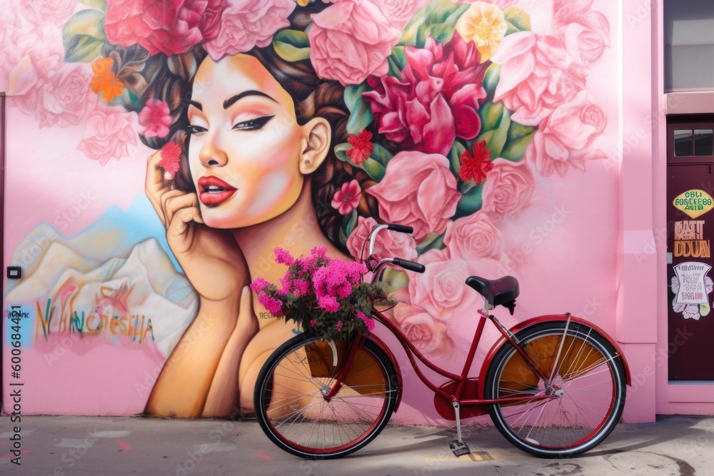 Poster A bicycle parked in front of a wall with a painting on it. Generative AI image.